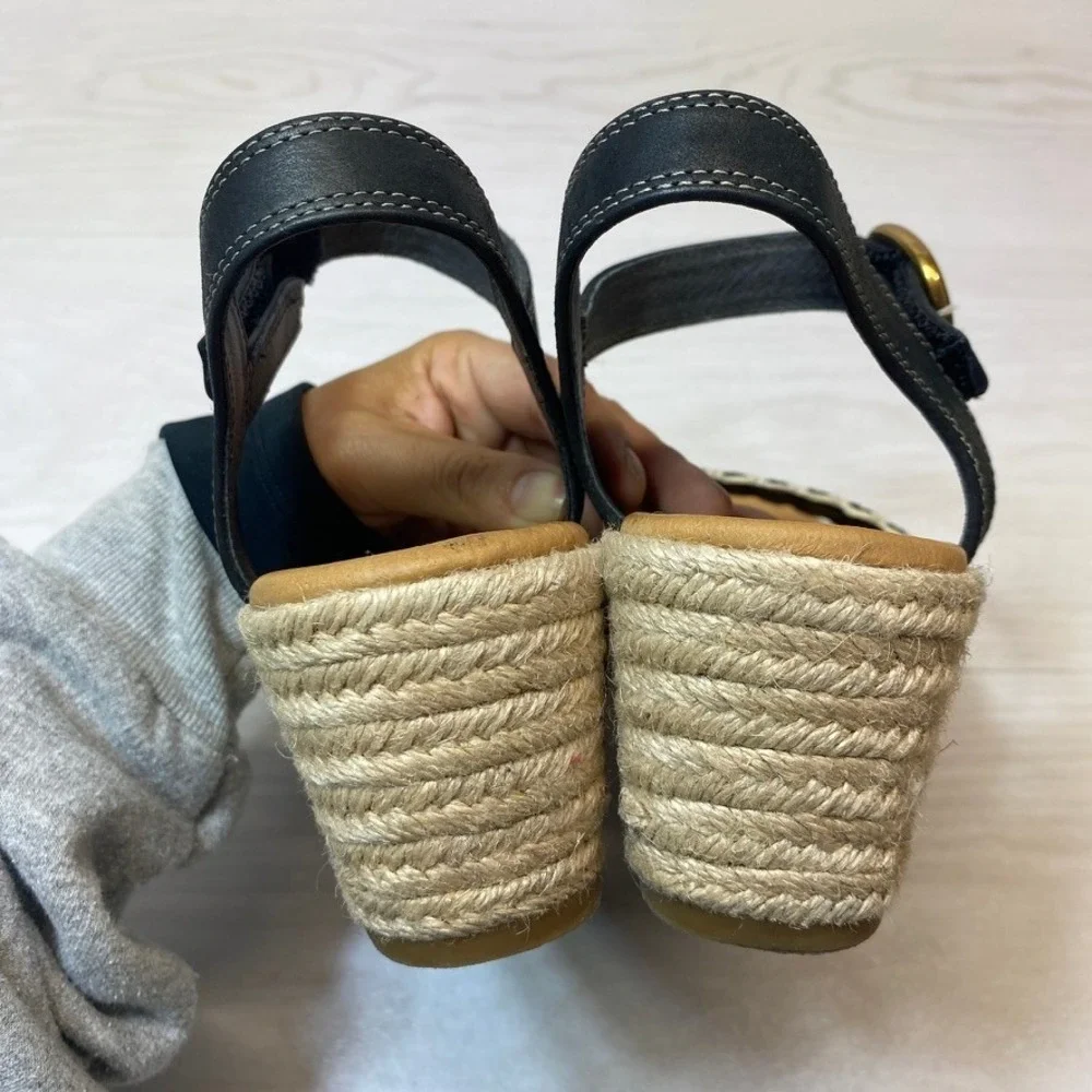 Sofft Inez Womens 10M Espadrille Wedge Sandals Woven Leather Black Jute Boho